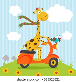 giraffe bird riding on scooter - vector illustration, eps