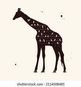 Giraffe and birds on wires. Starry sky texture. Animal silhouette