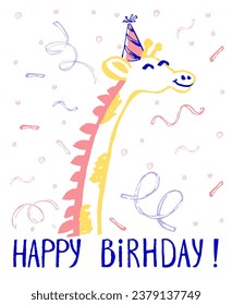 Giraffe birthday card cool design. Greeting post card template. Safari animal date of birth. Happy birthday slogan. Funny cute animal illustration. Kids typography poster. Adorable holiday pattern