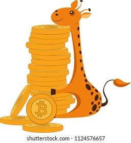 giraffe with bitcoin coins on white background