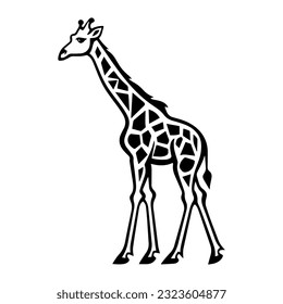 Giraffe black outline art. Wild animal mascot vector illustration.