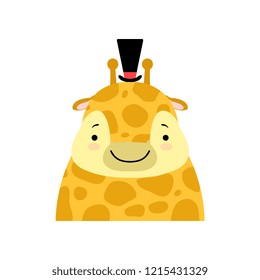 Giraffe in a black top hat, funny face, cute cartoon animal character avatar vector Illustration on a white background