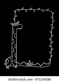 A Giraffe. giraffe with border on Black background. for card invitation