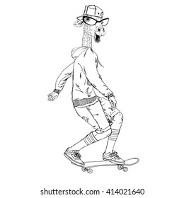 giraffe boy riding on a skateboard, furry art illustration, fashion animals, dressed up animals, hipster animals