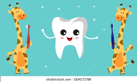 The giraffe brushes his teeth. Oral hygiene. Tooth and toothbrush. Vector illustration.