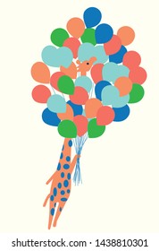 Giraffe with a bunch of hot colorful air balloons flying print graphic design for baby apparels