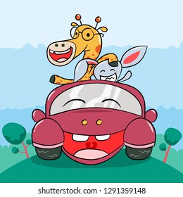 Giraffe and Bunny Driving a Litlle Car Illustration. - Vector