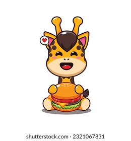 giraffe with burger cartoon vector illustration.
