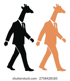Giraffe in business suit walking, elegant and professional gait, black and orange versions, full length