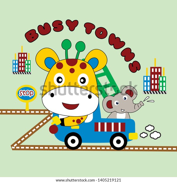 the giraffe is busy driving in the city,\
cartoon vector\
illustration