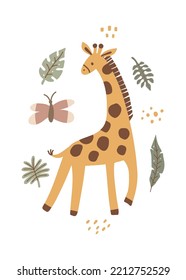 Girafa, mariposa, hojas tropicales. Ilustración vectorial de un animal de safari lindo.