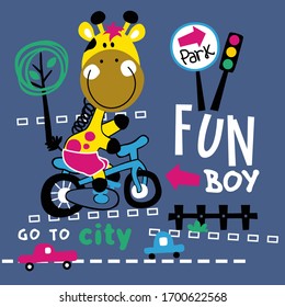giraffe and bycycle on the road funny animal cartoon,vector illustration