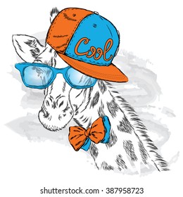 Giraffe in a cap and glasses. Vector.