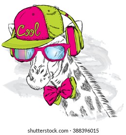 Giraffe in a cap and headphones. Hipster. Vector illustration.