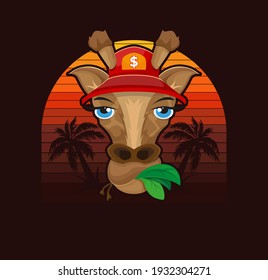 Giraffe in a cap on a background of palm trees. Summer print for t shirt design. Vector illustration design.