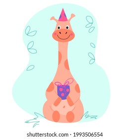 The giraffe in the cap smiles and holds the gift.