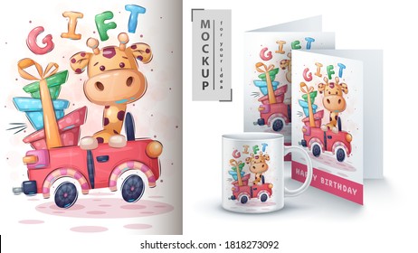 Giraffe car - poster and merchandising. Vector eps 10