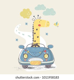 giraffe in car.hand drawn vector illustration.can be used for kid's or baby's shirt  design,fashion graphic, kids wear, baby shower card,celebration card,greeting card, invitation card