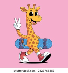 Giraffe Carrying a Skateboard cartoon illustration