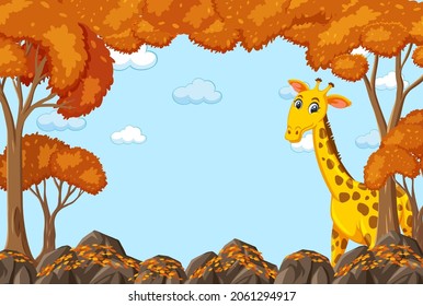 Giraffe cartoon character in blank autumn forest scene illustration