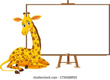 Giraffe cartoon character and blank banner on white background illustration