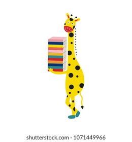 Giraffe cartoon character in boots stands smiling and holds pile of books isolated on white background. Cute comic yellow african animal with spots is going to read and study, vector illustration.
