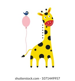 Giraffe cartoon character with pink balloon tied to tail and little bird isolated on white background - cute comic yellow african animal with spots stands smiling, vector illustration.