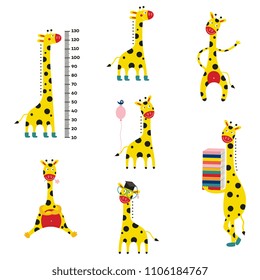 Giraffe Cartoon Character Set Isolated On White Background. Collection Of Cute Comic Smiling Yellow African Animals With Height Meter, Balloon, Pile Of Books, Eyeglasses. Vector Illustration.