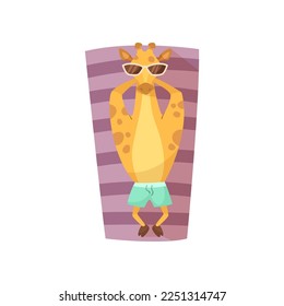 Giraffe cartoon character sunbathing vector illustration. Summer resort, funny comic wild animal in sunglasses relaxing on purple beach towel on white background. Wildlife, vacation concept
