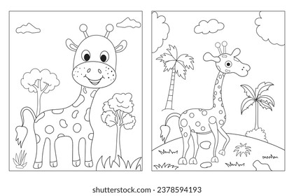 Giraffe cartoon characters isolated on white background. For kids coloring book.