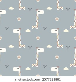 Giraffe cartoon so cute. On flower cloud background. Pattern seamless vector illustration. 
