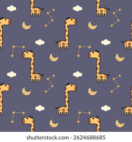 Giraffe cartoon so cute. On moon star cloud background. Pattern seamless vector illustration. 