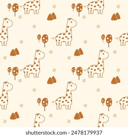 Giraffe cartoon so cute. On mountain tree star background. Pattern seamless vector illustration. 