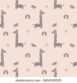Giraffe cartoon so cute. On rainbow watermelon heart background. Pattern seamless vector illustration. 