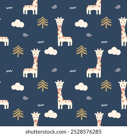 Giraffe cartoon so cute. On tree cloud leaf blue background. Pattern seamless vector illustration. 