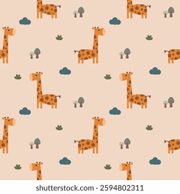 Giraffe cartoon so cute. On tree cloud grass background. Pattern seamless vector illustration. 