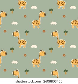 Giraffe cartoon so cute. On tree cloud flower green background. Pattern seamless vector illustration. 
