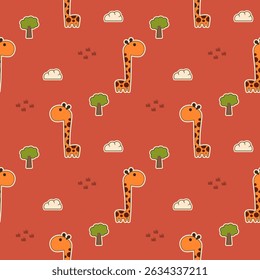 Giraffe cartoon so cute. On tree cloud grass red background. Pattern seamless vector illustration. 