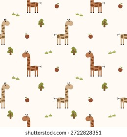 Giraffe cartoon so cute. On tree apple grass background. Pattern seamless vector illustration. 