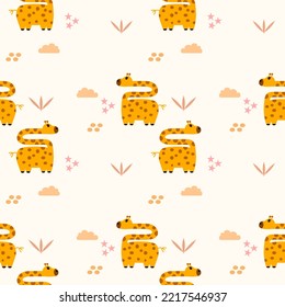 Giraffe cartoon so cute.on star cloud yellow background. pattern seamless vector and illustration.