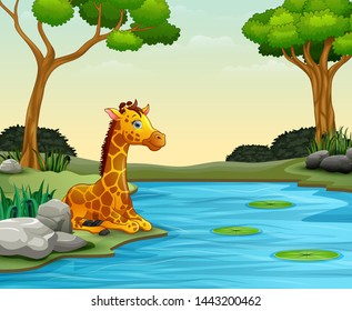 Giraffe cartoon enjoying nature by the river