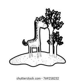 giraffe cartoon in forest next to the trees in black silhouette with thick contour