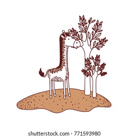 giraffe cartoon in forest next to the trees in color sections silhouette