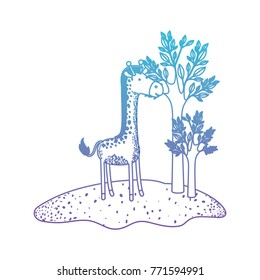 giraffe cartoon in forest next to the trees in degraded blue to purple color silhouette
