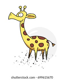 Giraffe cartoon hand drawn image. Original colorful artwork, comic childish style drawing.