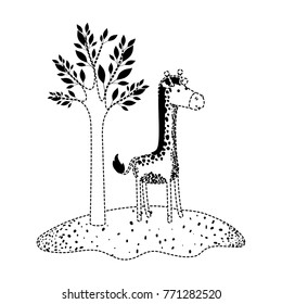giraffe cartoon next to the tree in black dotted silhouette
