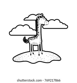 giraffe cartoon in outdoor scene with clouds in black silhouette with thick contour