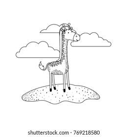 giraffe cartoon in outdoor scene with clouds in monochrome silhouette