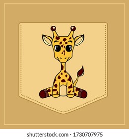  Giraffe in cartoon style. Pocket for print. Vector template for design T-shirts. Fashion graphic for apparel. Character image giraffe for children
