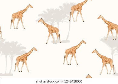 Giraffe cartoon style realistic character drawing. Exotic tall animals. Palm trees. White background. Seamless pattern texture. Africa nature park reserve zoo safari. Vector design illustration.